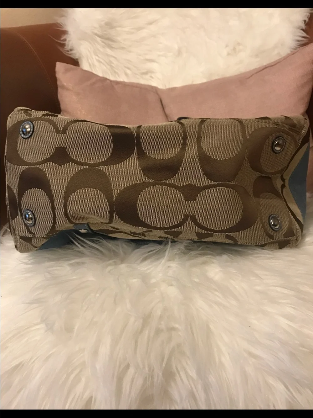Coach Tan Signature Canvas Satchel with Light Blue Leather Trim